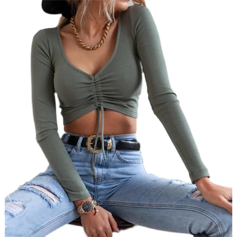 Sexy Slim Fit Long Sve ort T-irt Women's Crop Top Tee Street Sle V-Ne Cotton Spring Summer Faion Casual Wear