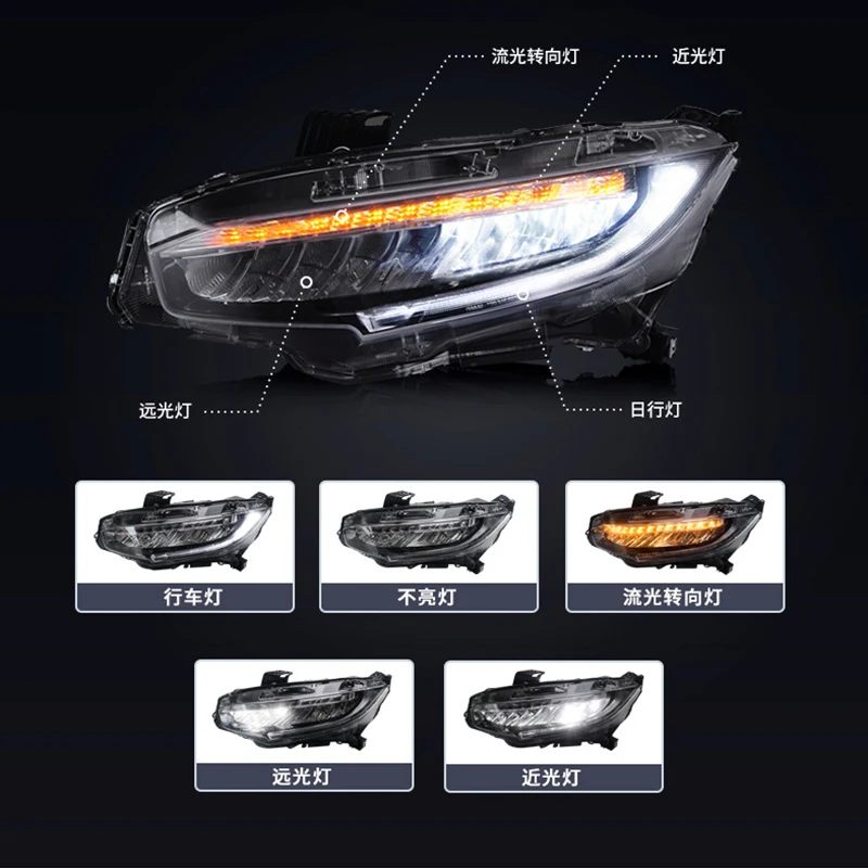 Car LED Headlight For Honda Civic 10th Gen 2016-2021 StartUp Sedan Coupe Hatchback Type R Switchback Front DRL Turn Signal Light