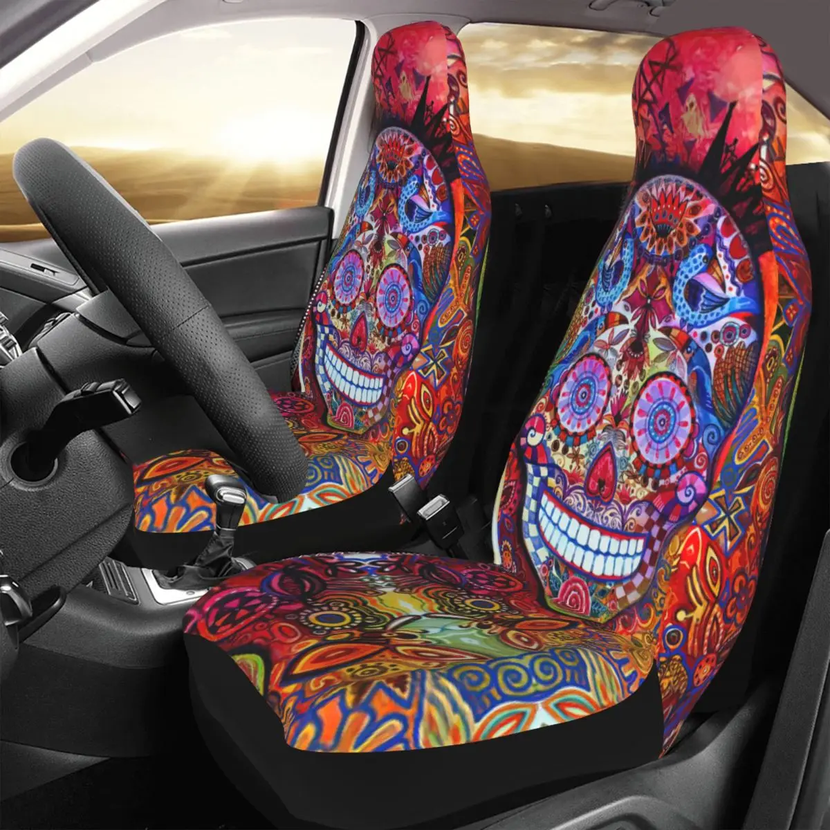 

Skull Car Seat Cover Custom Printing Universal Front Protector Accessories Cushion Set