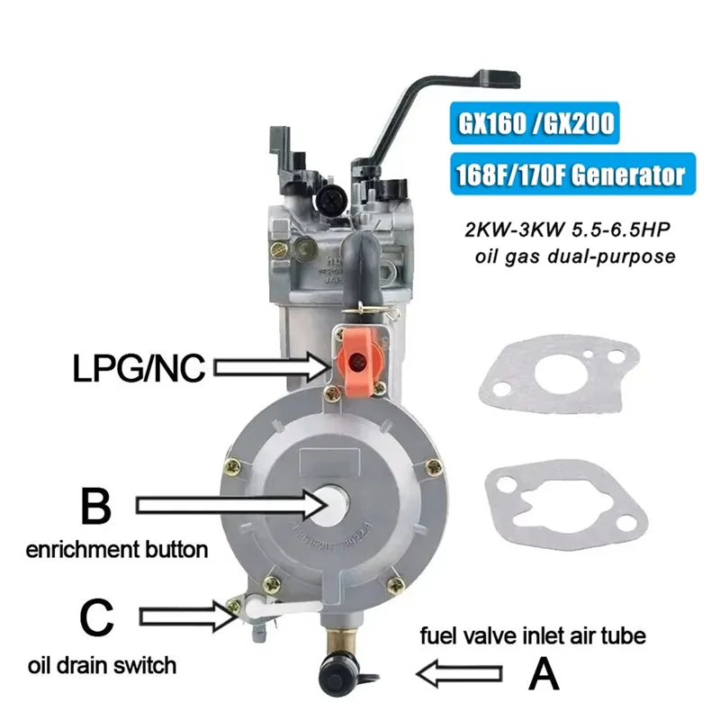 Generador de gasolina A69E3KW 168F 170F, carburador de GLP, Kit de conversión de carburador de Gas NC de combustible Dual para piezas de generador 6.5HP