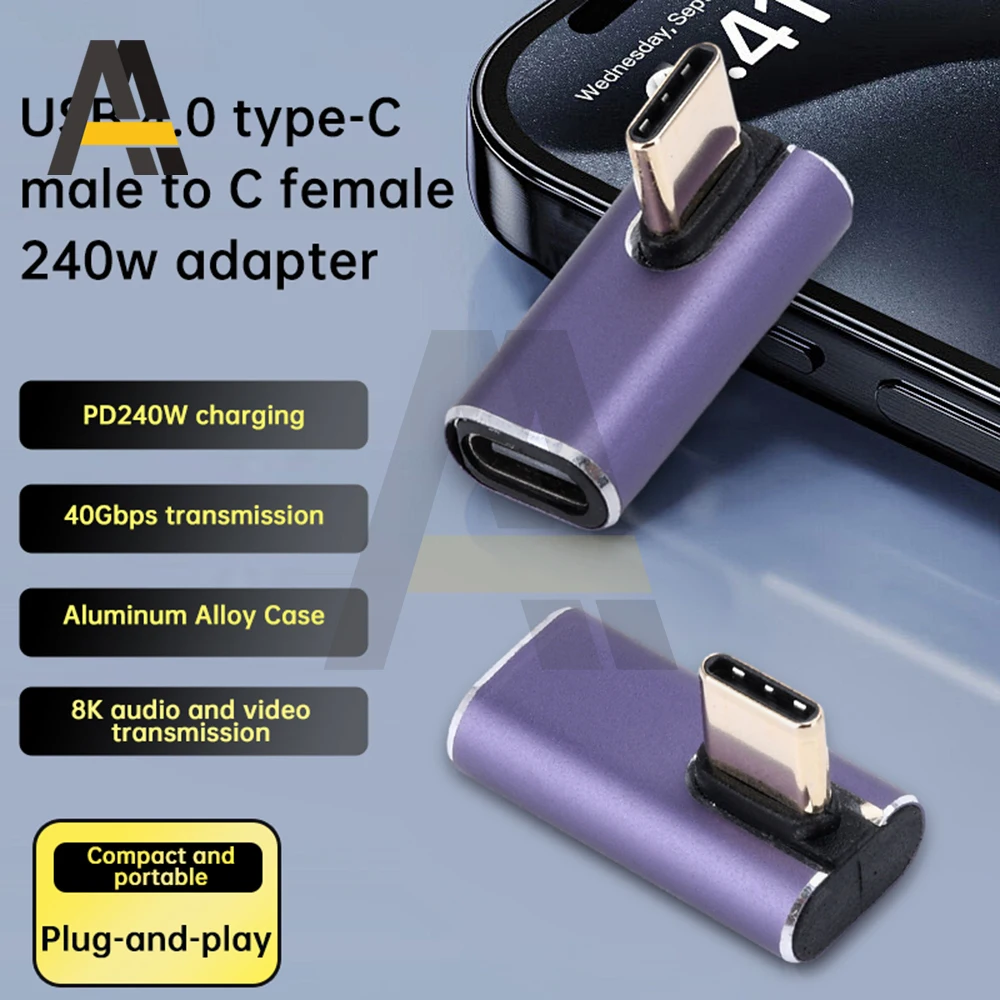 USB4.0 40Gbps Type-C 90 degree Adapter 240W 5A Type-C male to C-female adapter L-shaped Fast Charging Connector Extender