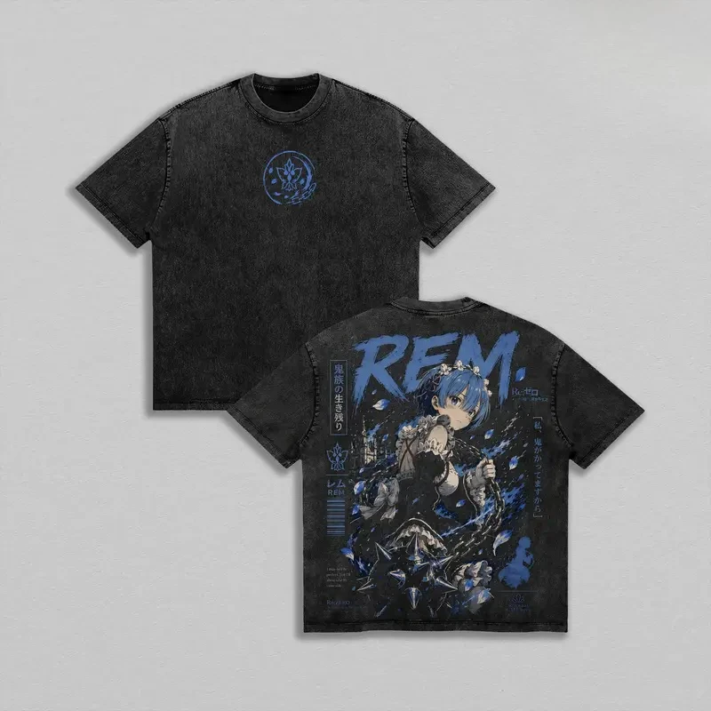 Rem Re ZERO Anime Retro T Shirt Harajuku Fashion Vintage Washed T-shirt Men Women Clothing Oversized 100% Cotton Tees Clothes