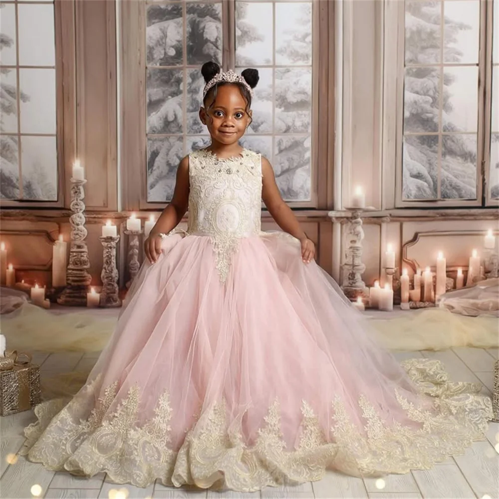 

Luxury O Neck Applique A Line Long Ball Princess Flower Girl Dress Floor Length Sweep Train First Communion Dress Customized
