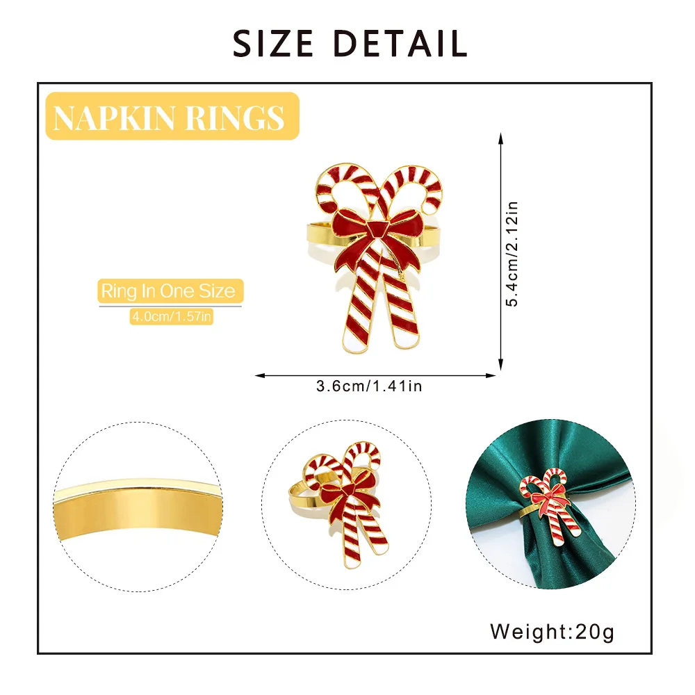 2024 12pcs Christmas Candy Canes Napkin Rings Alloy Gold Napkin Holder Buckle Navidad Party Dinning Table Ornament Decoration