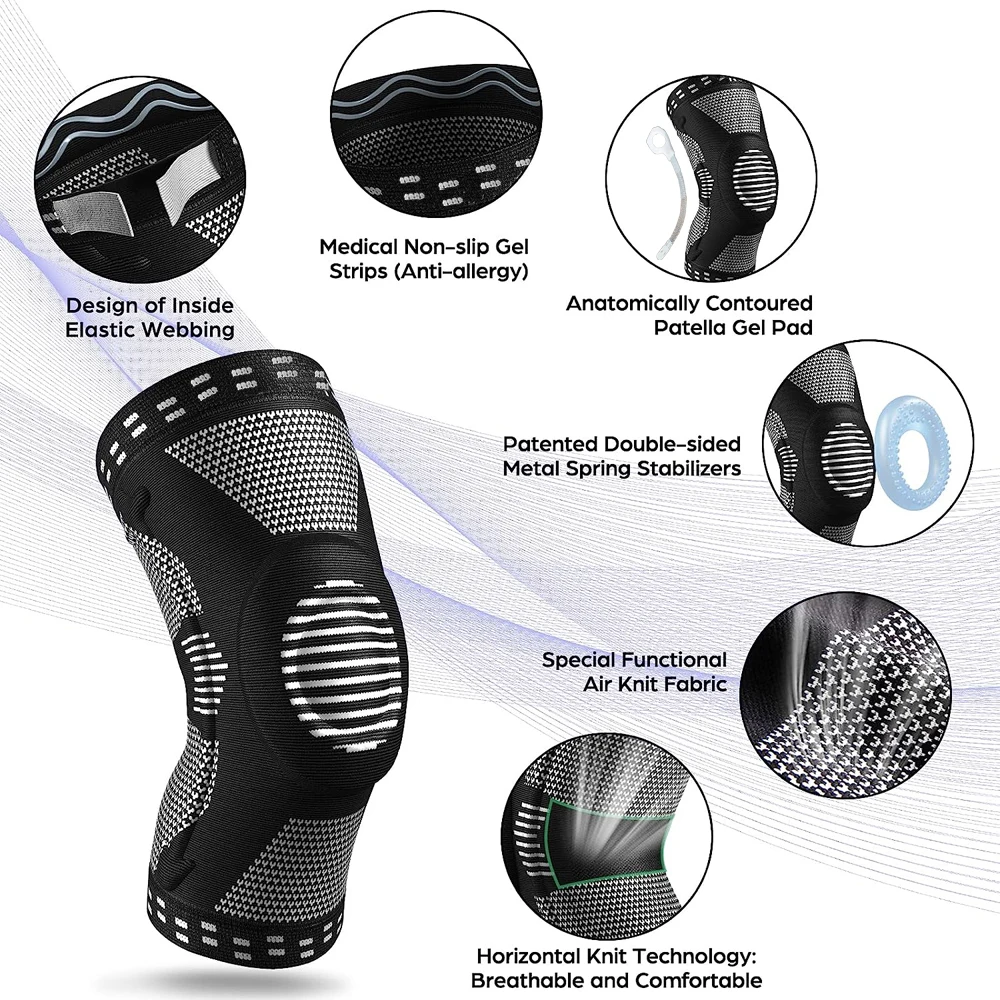 1Pcs Sport Compression Knee Support Brace Patella Protector Knitted Silicone Spring Leg Pad Cycling Running Basketball Football