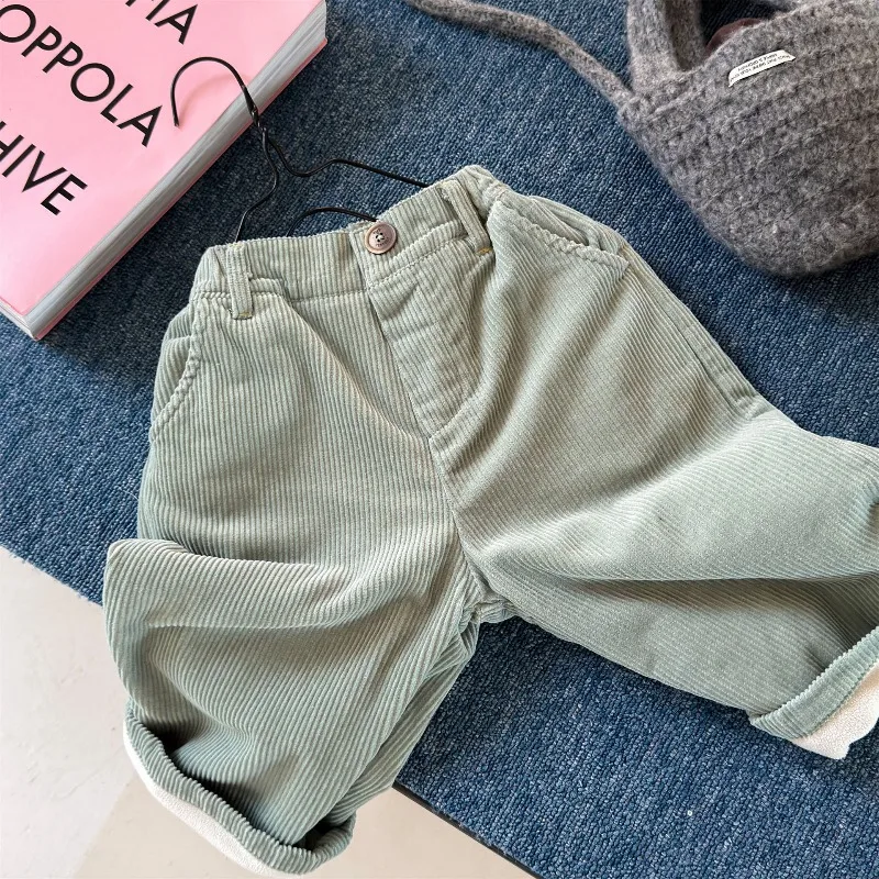 2026 New Winter Unisex Kids Fleece Lining Corduroy Pants Korean Style Solid Color Thicken Warm Trousers Children Outwear Pants