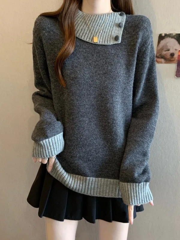 

Цвет Blo Long Sve вязаный свитер французского кроя свободного покроя мягкий осенне-зимний женский топ модная повседневная одежда для женщин