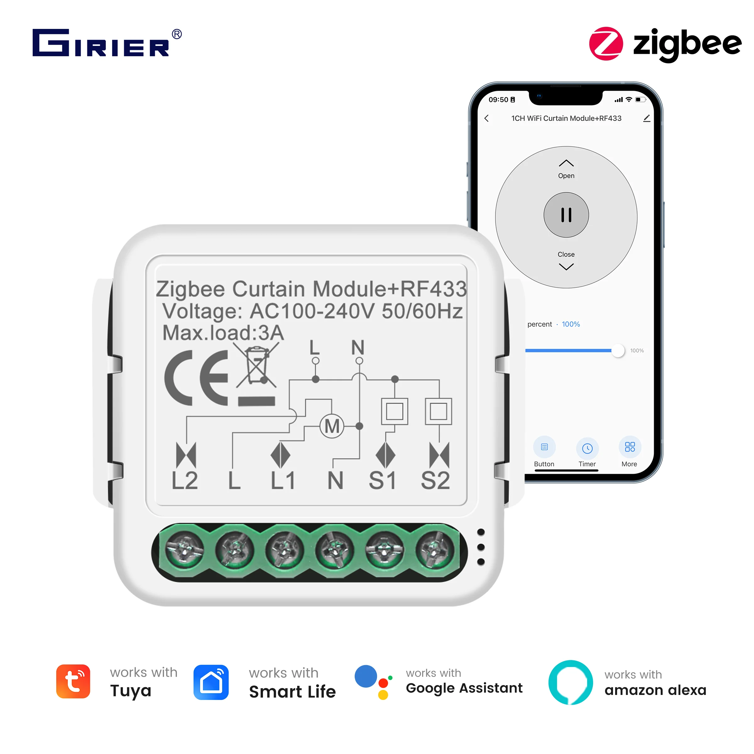 GIRIER Tuya ZigBee Smart Curtain Switch Module RF433 for Roller Shutter Blinds Smart Life App Control Work with Alexa Hey Google