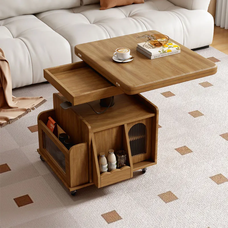 Mesa de centro de elevação de madeira maciça carrinho móvel mesa de chá dobrável jantar dupla finalidade chá multifuncional sala de estar