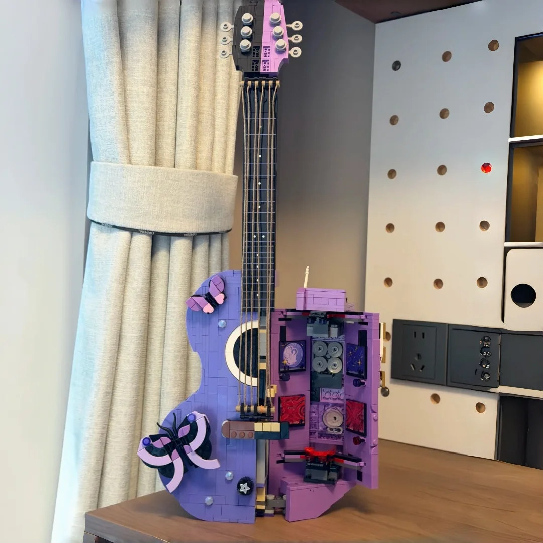 New 1228pcs Split Design Guitar Instrument Combined Acoustic Electric Dual Guitar Building Blockss Model Toys For Ornament Gifts