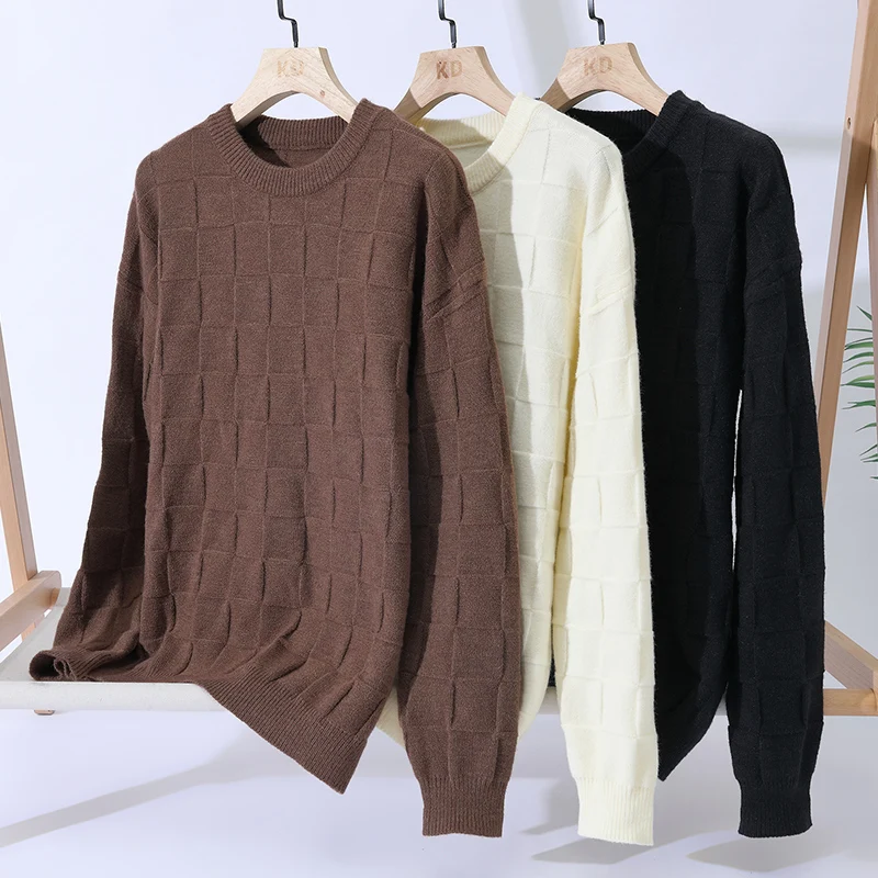 Single Road-suéter de gran tamaño con cuello redondo para hombre, suéteres a cuadros Y2K cálidos para invierno, Jersey coreano para hombre 2025
