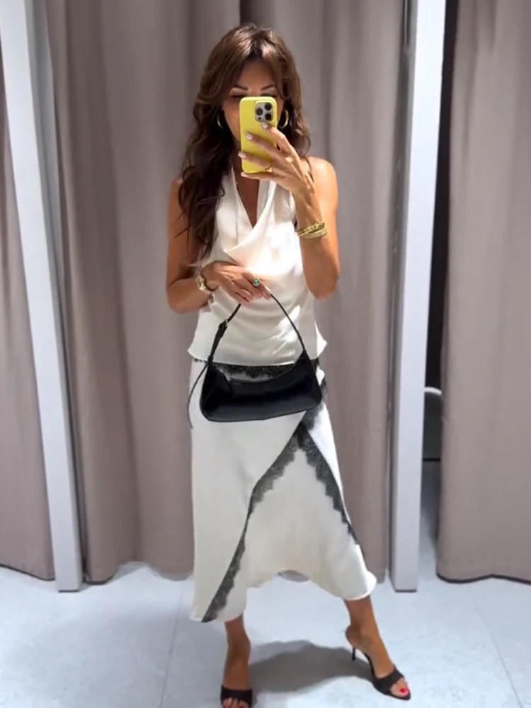 

HH Women New Fashion Lace Spliced Sexy Backless Neck Halter Slim Vest Top+Elegant Mid Waist Asymmetry Long Skirt 2-Piece Set