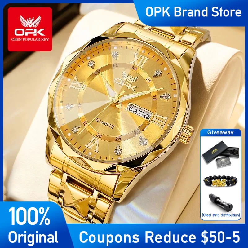 

OPK Mens Watch Original Stainless steel Quartz Watch Waterproof Luminous Dual calendar Men's Wristwatch Top Brand Golden Reloj