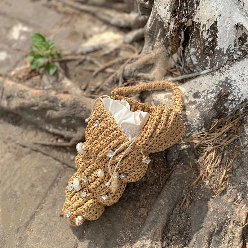 

Funnuy Cute Summer Beach Bag Paper Woven Crossbody Bag Small Female Purses New Diamond Shell Shaped Straw Women Shoulder Bags