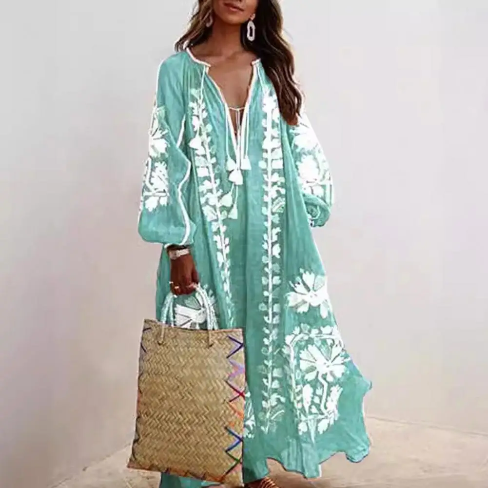 

Summer Women Dress Deep V Neck Tassel Long Sleeve Retro Bohemian Style A-line Flowy Hem Floral Print Vacation Beach Maxi Dress