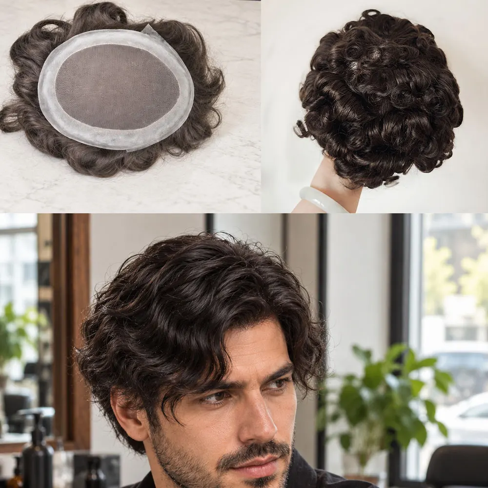 Dark Brown Human Hair Piece Toupee For Men French Lace PU Around Australia Style 25MM Natural Curly Hair System Men's Wig 2#8x10