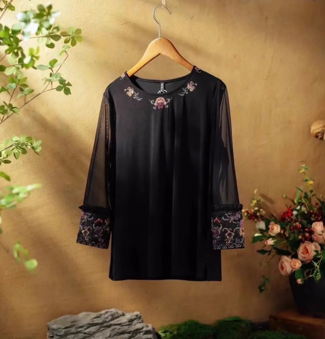 Chinese style bamboo fiber T-shirts Black High Strecth Versatile base shirt Vintage embroidery tops High quality Woman clothing