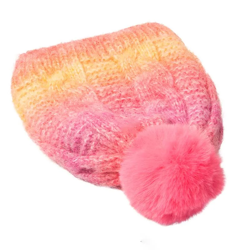 Kids Winter Hat Gloves Set Girls Knitted Colorful Glove Cute Pompom Beanie Hats Outdoor Soft Warm Children Protective Sets 4-6Y