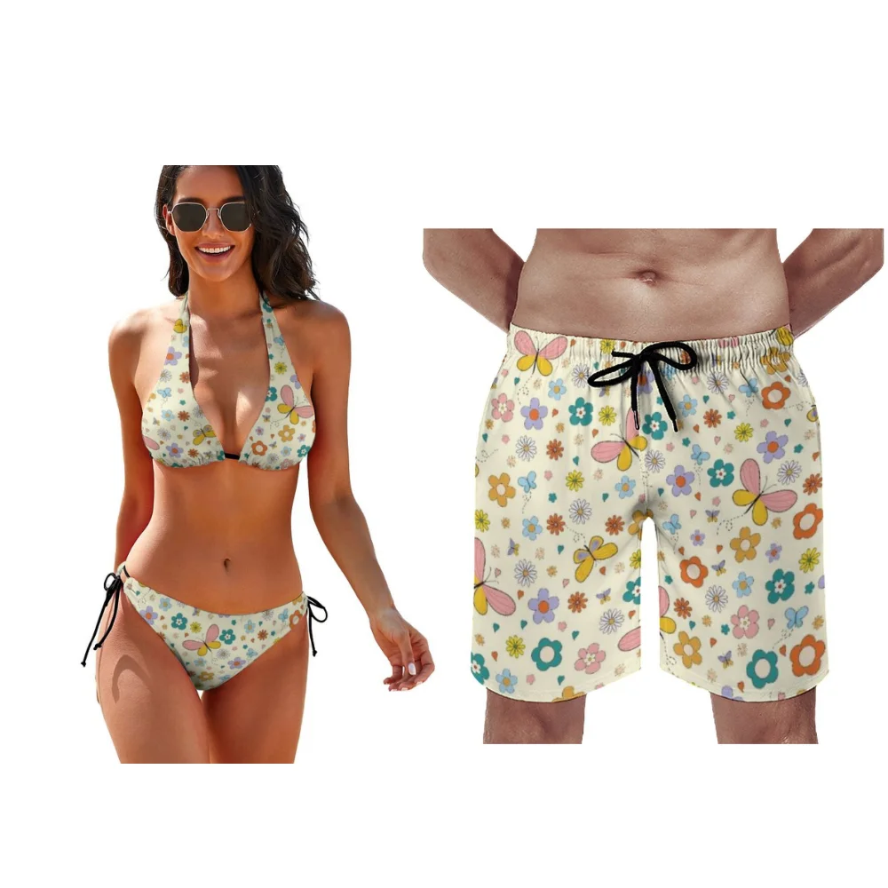 Customizable Patterned Beach Couple Outfits Summer Flower-Patterned Women's Bikini Sets Men's Beach Pants Essential For Summer