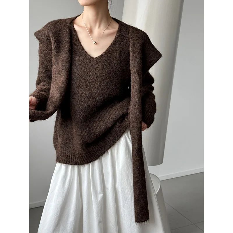 2025, Frühherbst, neues Design, entspannter und rückenfreier Wolloberteil, hochwertiger Strickpullover + Schal