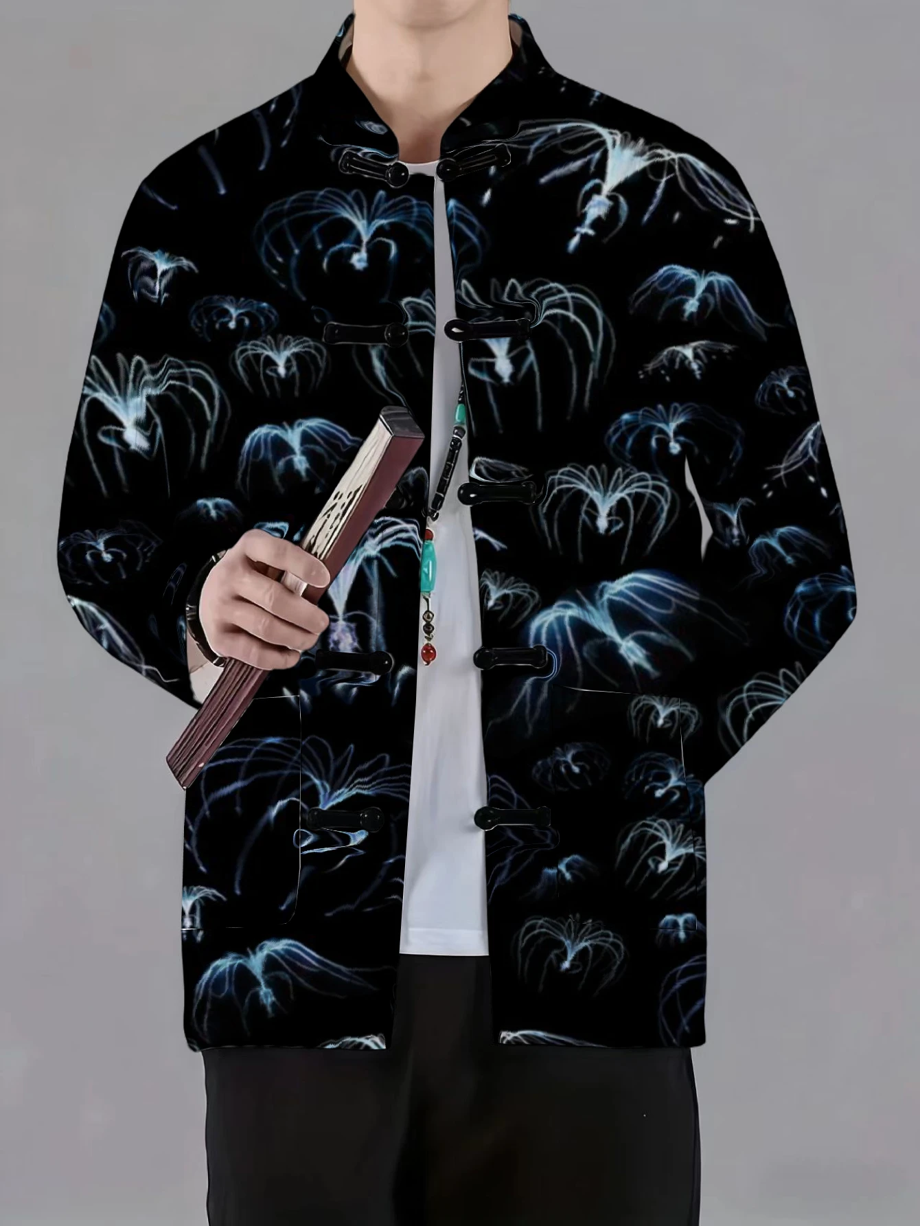 Men Mandarin Collar Frog Button Jacket Koi Jellyfish Nebula Fluid Print Traditional Outerwear