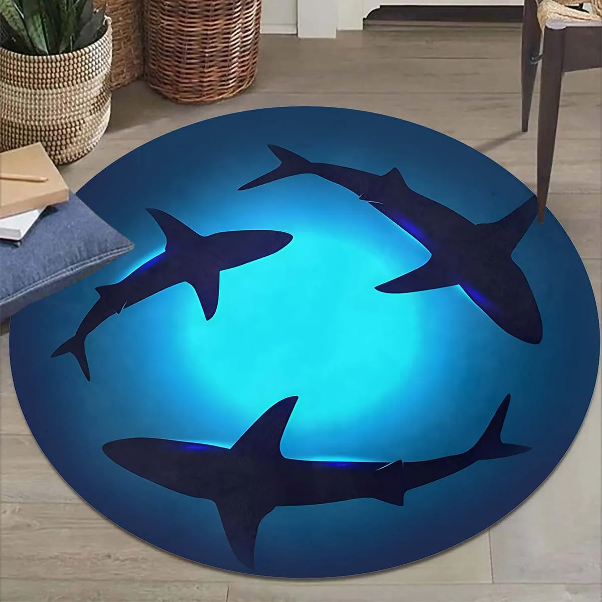 Shark Blue Ocean Round Carpet Non-slip Anti-fouling Living Room Floor Mat for Indoor Entryway Bedroom Sofa Table Home Decor Rugs