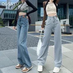 OUSSYU Woman Jeans High Waist Straight Wide Leg Cotton Denim Clothing Blue Streetwear Vintage Fashion Harajuku Women Trousers