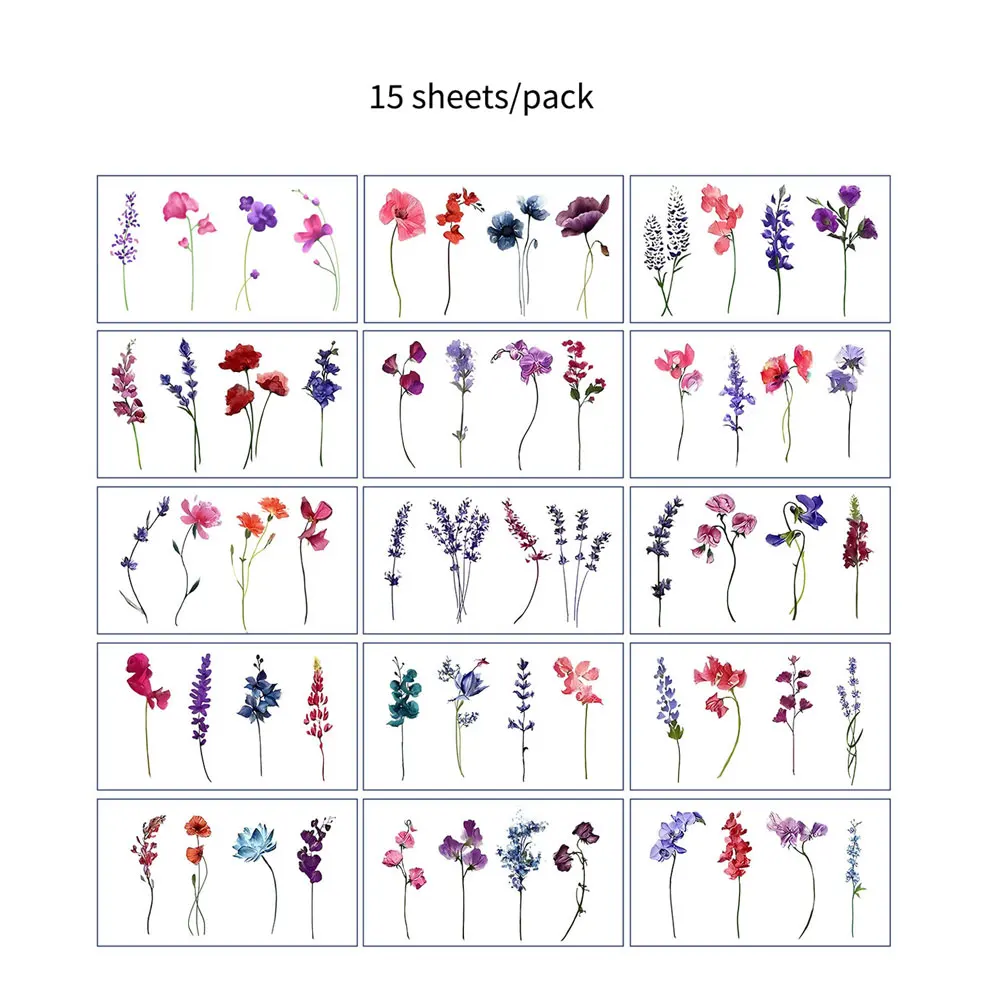 

15 листов временных татуировок с цветами для женщин, водостойкие наклейки с лавандой и лотосом, фальшивые тату для рук, груди, тела, для праздников