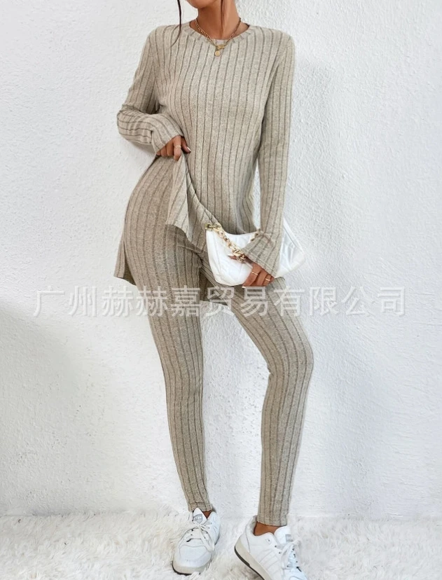 Womens Two Piece Sets Outfit Knitted Long Sleeved Sweater Pants Slim Fitting Home Outerwear Set 2023 Autumn Spring New Fashion