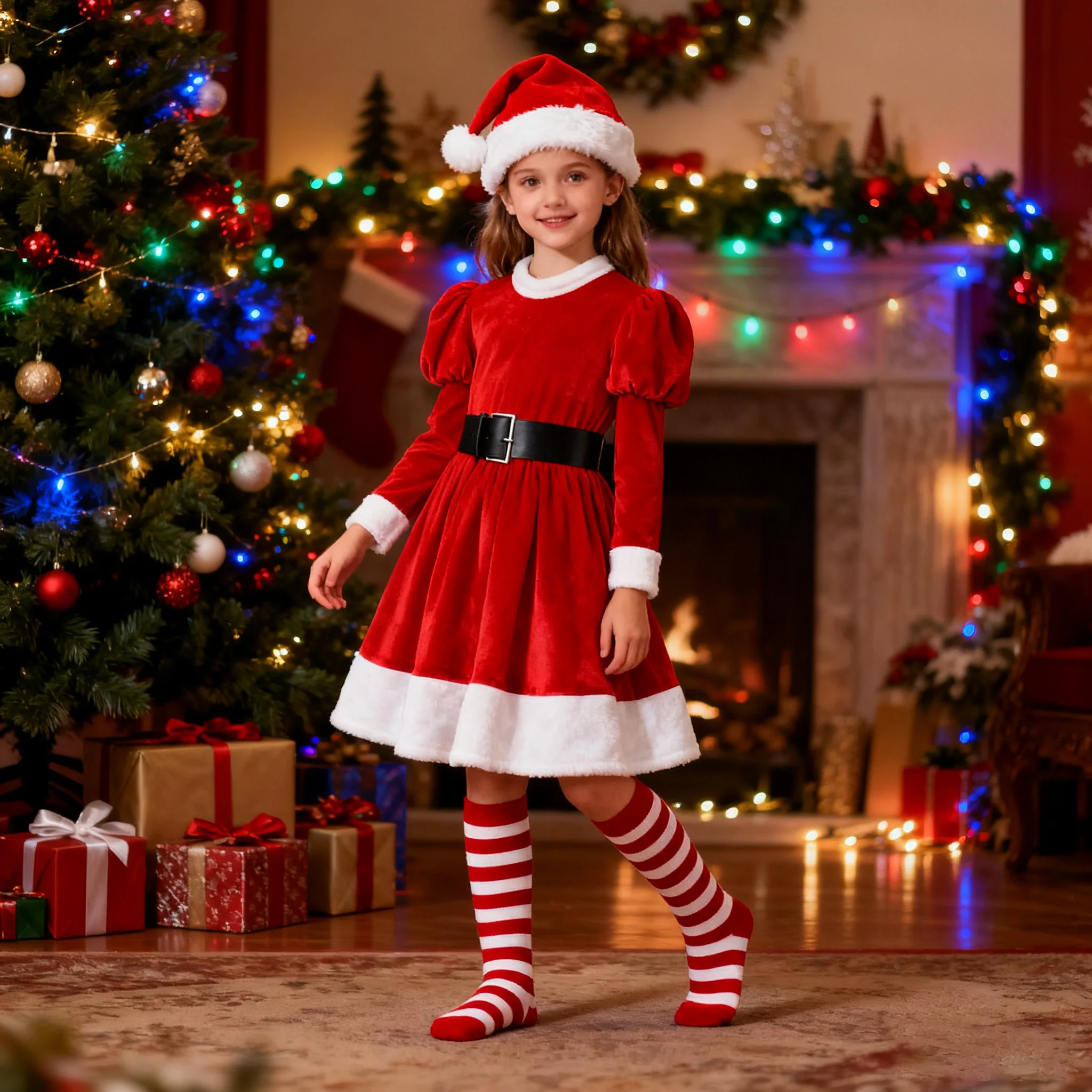

Christmas Festival Clothing Set Girls New Year Dress with Hat socks sets for kid Christmas Santa Claus Cosplay Xmas Party Suit