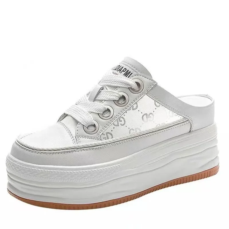 

Breathable 8cm Genuine Leather Women Casual Shoes White Platform Wedge Hidden Heel Shoes White Shoes Chunky Sneakers Skateboard