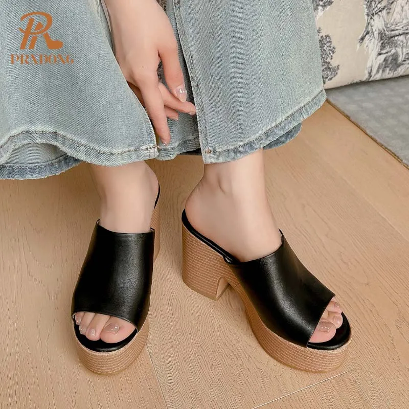 PRXDONG Genuine Leather Women Shoes New Summer Black Beige Chunky High Heels Open Toe Dress Party Casual Lady Sandals Slippers