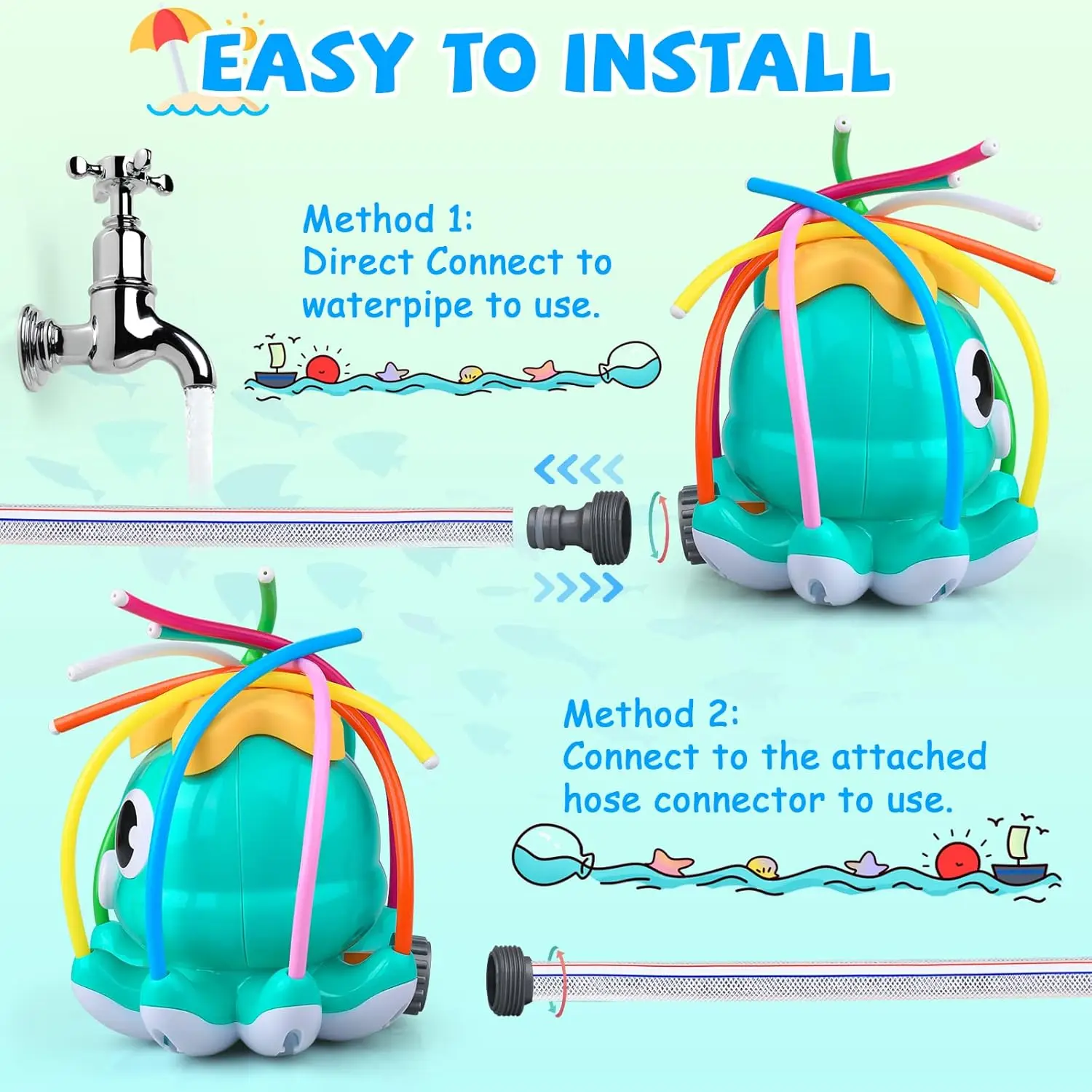 Octopus Water Spray Sprinkler for Kids  Outdoor Sprinklers Summer Octopuses Toys with 8 Wiggle Tubes and 2 Hose Clamps