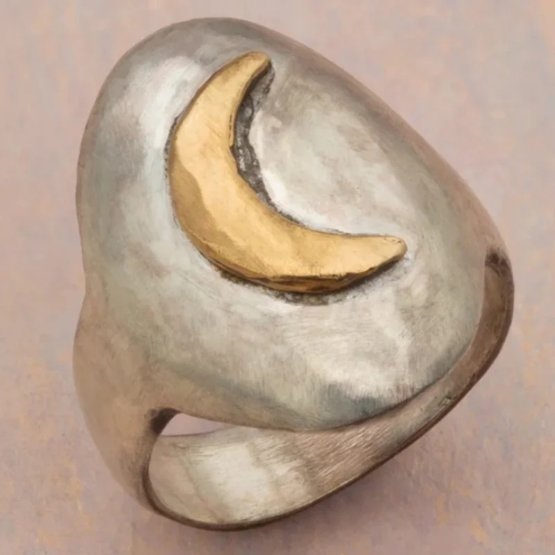 Vintage handgeschnitzter Mond-Damenring, Kreativität, zweifarbiges Metall, Geometrie, Alltagskleidung, Party-Schmuck, Jubiläumsgeschenk