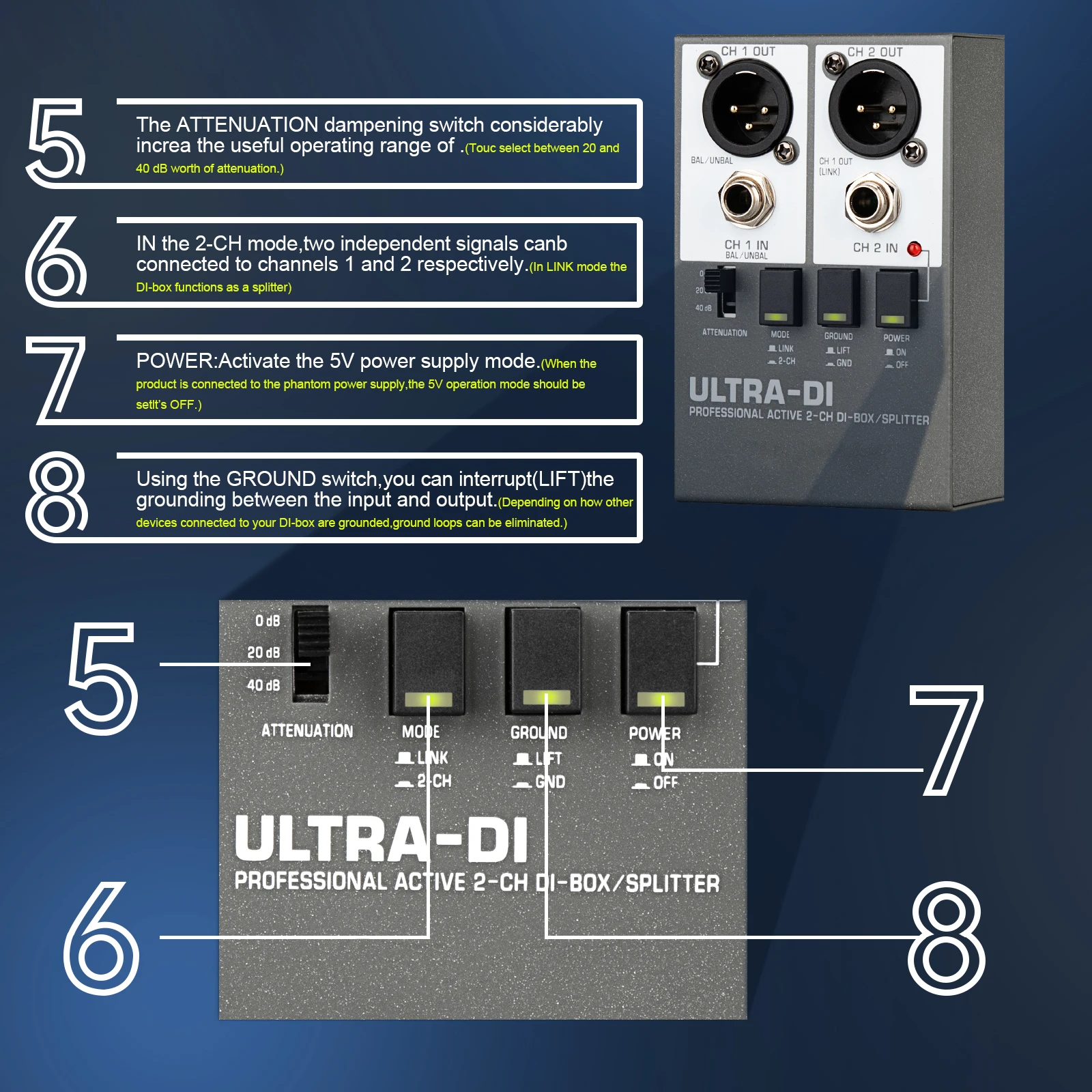 SD2 DI 박스 액티브 2채널 오디오 시스템 오디오 장비 일렉트릭 기타 및 스테이지 악기 프론트 DI 박스