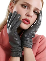 Guantes de dedo completo de alta calidad para mujer, guantes clásicos de cuero, terciopelo cálido, corto, Delgado, pantalla táctil, invierno, 1 par