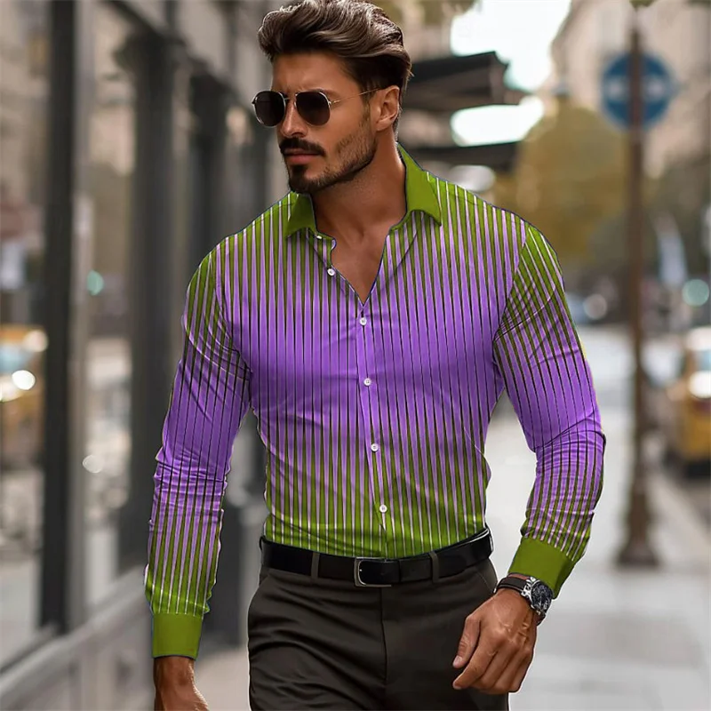 2024 Business Casual Men\'s Line 3D Printed Shirt Formal Spring Summer Lapel Long Sleeve 9 Colors Stretch Fabric Shirt XS-6XL