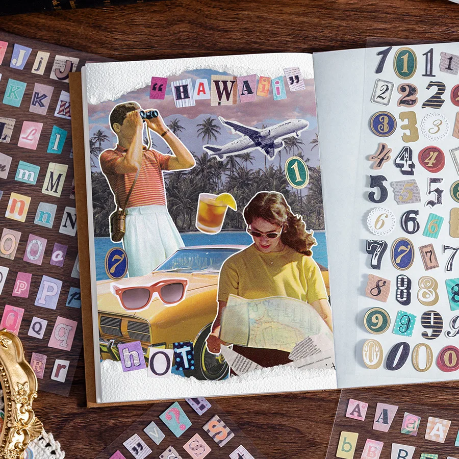 6pcs Retro Alphabet Number Deco Stickers for Scrapbooking Handbook Graffiti Colorful English Letter Stickers Stationery Decal