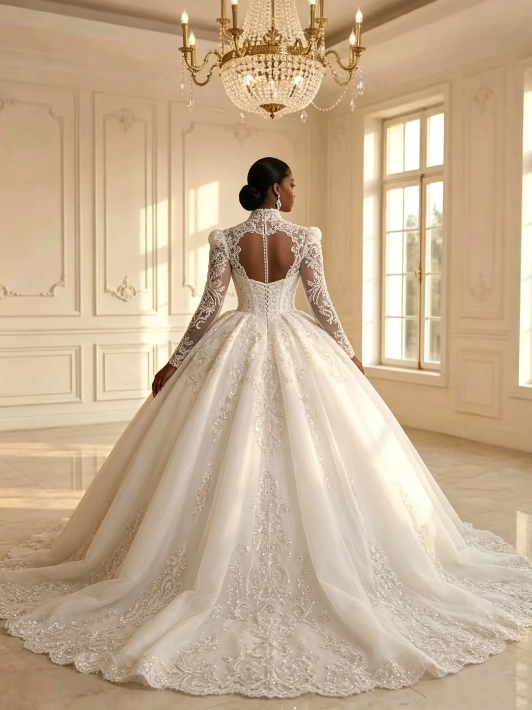 Royal Luxury High Neck Wedding Dress Long Sleeve Crystal Lace Appliques Ball Gown Cathedral Train Bridal Gown Vestido De Novia