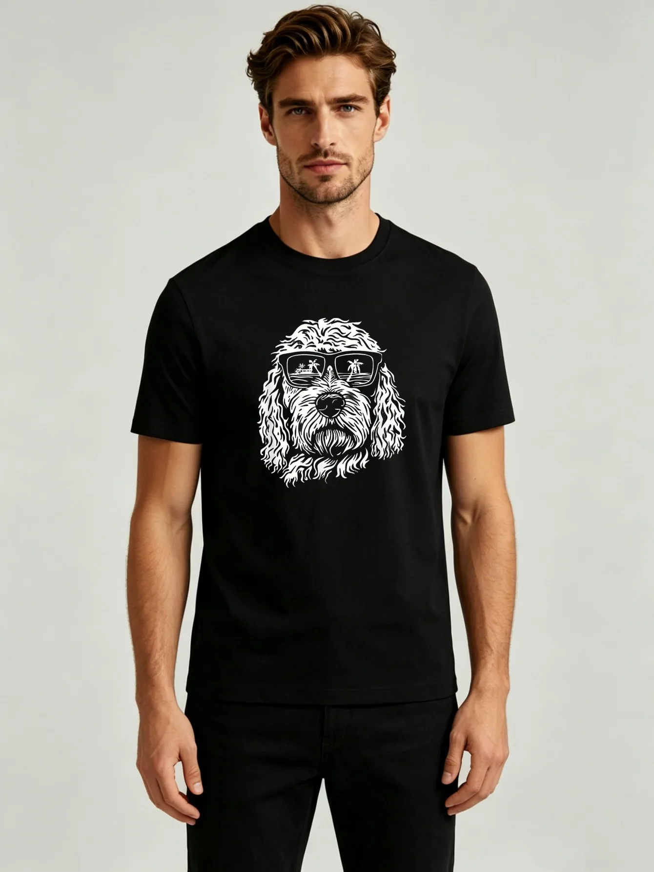 Retro Stylish Curly Haired Dog Portrait Graphic T‑shirt Men Women Vacation Animal Printed Tee Fashion Daily Casual Tops