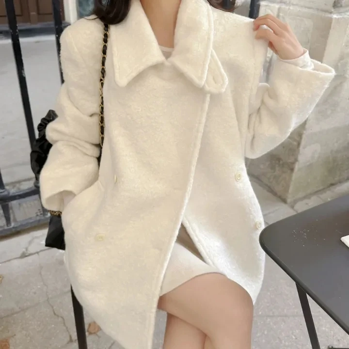 

Korean Sle Winter Ele Woolen Coat Faion Ba Belt Design Double Row Button Loose Woolen Jaet Women's Faion Outerwear