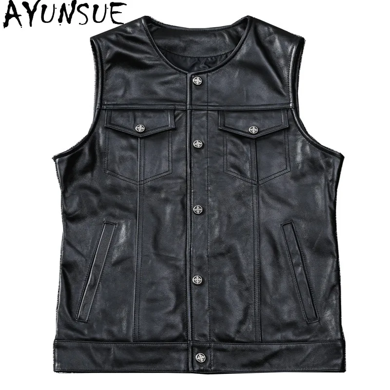 AYUNSUE Motorcycle Leather Vest Top Layer Cowhide Soft Genuine Leather Coat Biker Jackets Short Waistcoat Black Veste Homme Slim