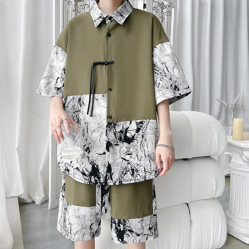 2025 Summer Men Shorts Set Matching Shirts Floral Printing Outfits Short Sleeve Elastic Waist Thin Oversize Suit Man