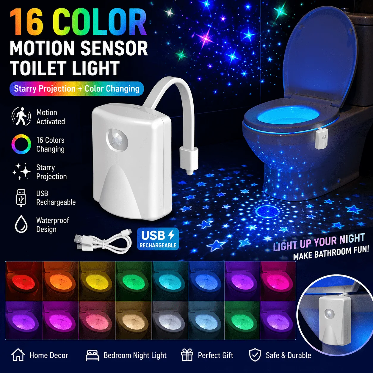 RGB 16 Color Motion Sensor Toilet Light with Projection Night Light, USB Wall Mounted Bathroom Lamp Suit for Home Projector Lamp