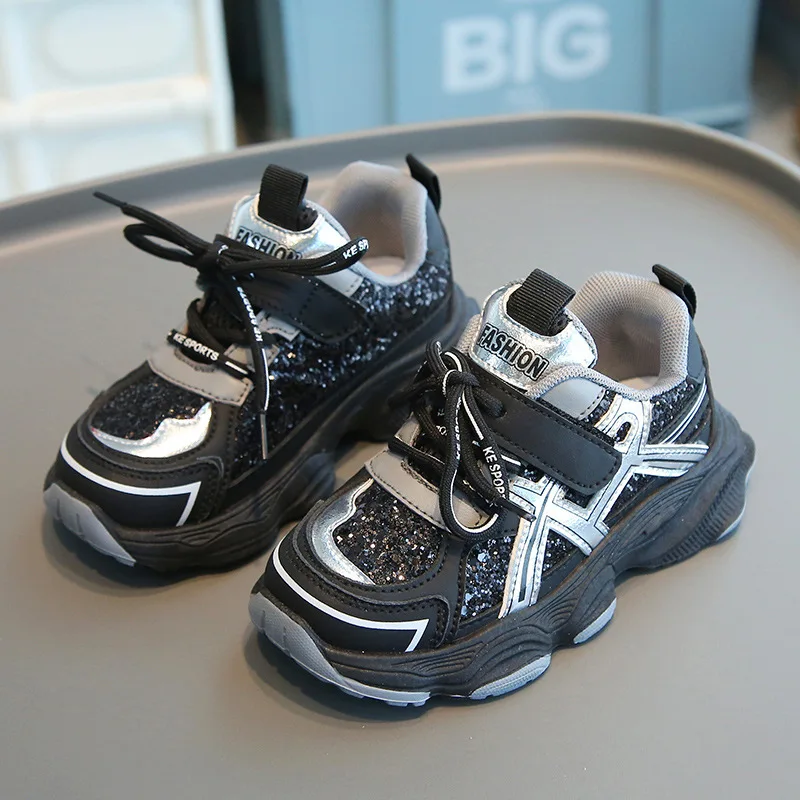 

2026 Children Spring Autumn Fashion Sneakers Boys Soft Sole Daddy Shoes Sequins Girls Front Lace Velcro Platform Casual Shoes