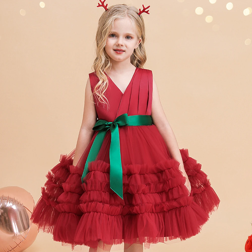 Fluffy Christmas Girl Party Dresses Bow Birthday Bridesmaid Princess Dress for Girls Children Costume Wedding Prom Lace Vestidos