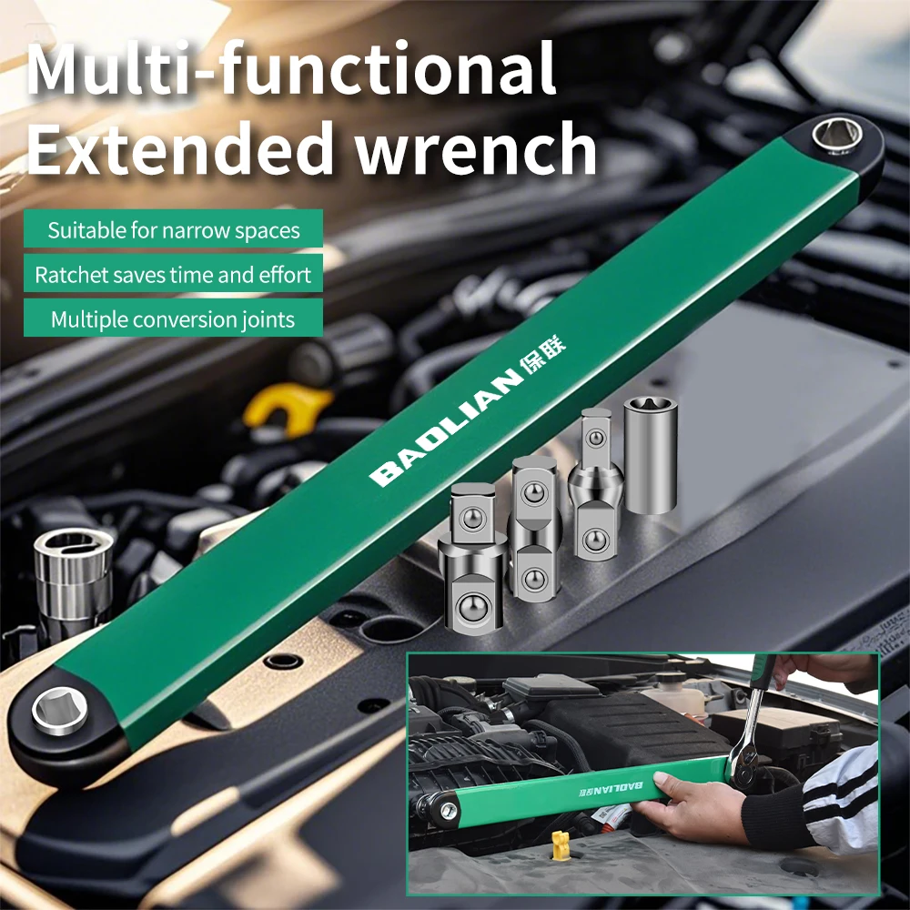 Dual Head Offset Extension Wrench Multi Functional Tool with 1/2 1/4 3/8 Drive Adapters Universal for Tight Spaces
