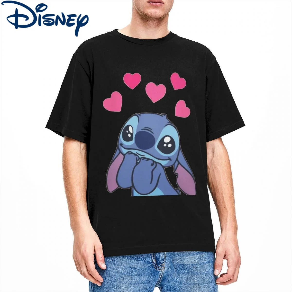 

Мужские футболки Disney Stitch Falling In Love, винтажные хлопковые футболки с короткими рукавами, футболки с круглым вырезом, летние топы