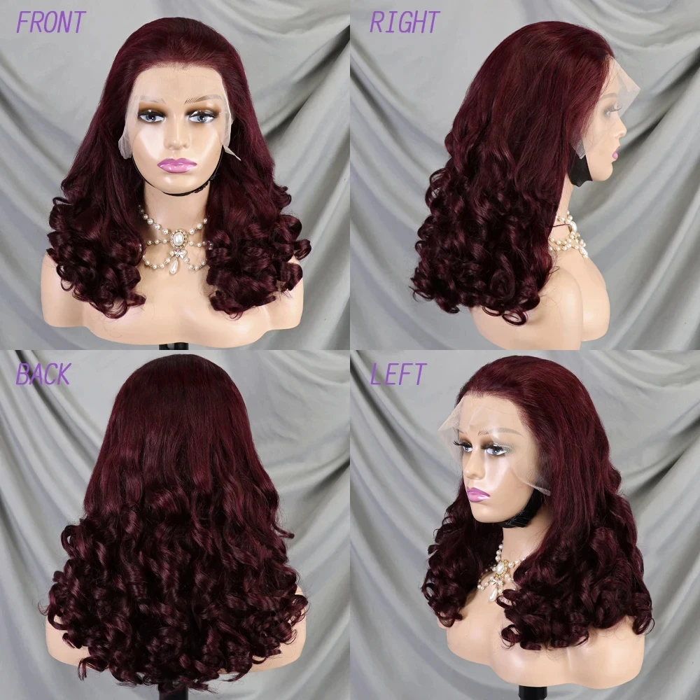 300% Density Burgundy Loose Wave Lace Frontal Wig 13x4 HD Transparent Lace Bouncy Curly Human Hair Wig for Women Preplucked Remy