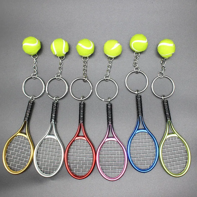 1/6Pcs Mini Tennis Racket Keychain with Ball Alloy Tennis Ball Split Ring Keychains Tennis Trinkets Key Ring Color Random